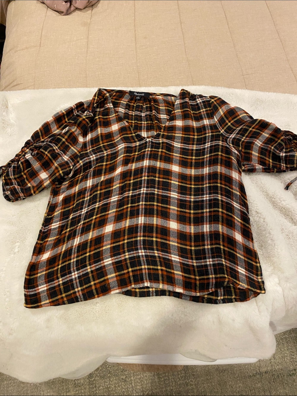 Madewell Plaid Blouse in Black, Orange & White